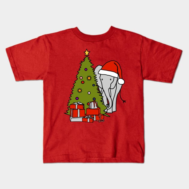 Elephant in Santa Hat and Christmas Tree Kids T-Shirt by ellenhenryart